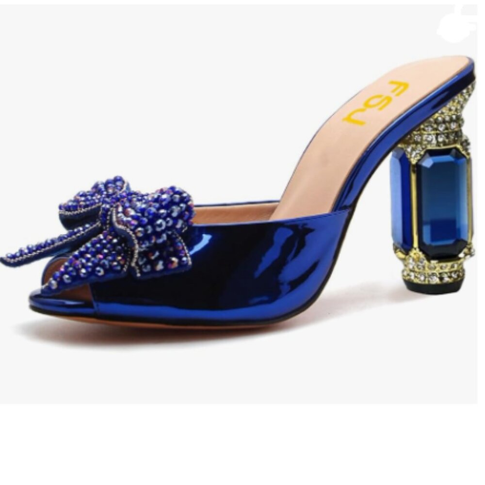 FSJ Blue Beaded Bow Open-Toe Jewel Heel Mules